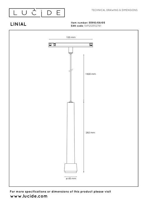 Lucide Premium LINIAL TUBIZ Pendelleuchte - 1-Phasen Stromschiene / Schienensystem smart  - Smart - 48V Track - 1xLED - Champagne - technisch